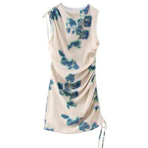 high-neck runched shoulder and side printed mini dress